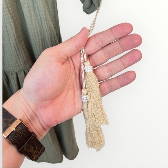 Anthropologie Saturday Sunday Olive Green BOHO Tassel Sleeve Dress NWT Size XS - Picture 3 of 8
